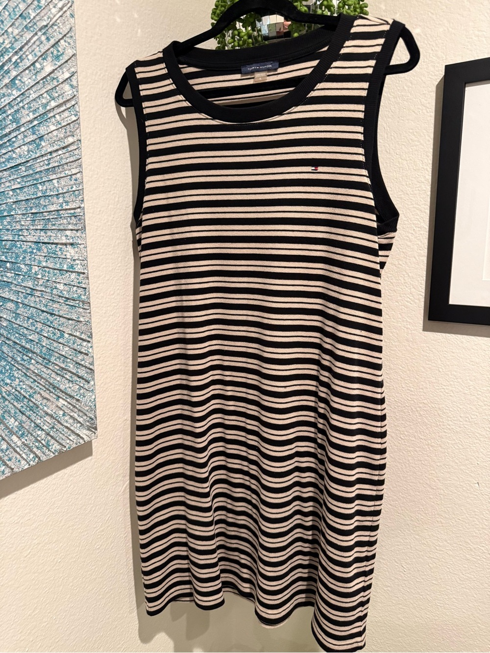 Tommy Hilfiger Black and Cream Striped Sleeveless Knit Shift Dress